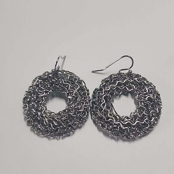 Silver Tone Dangle Round Wire Earrings - Picture 1 of 2